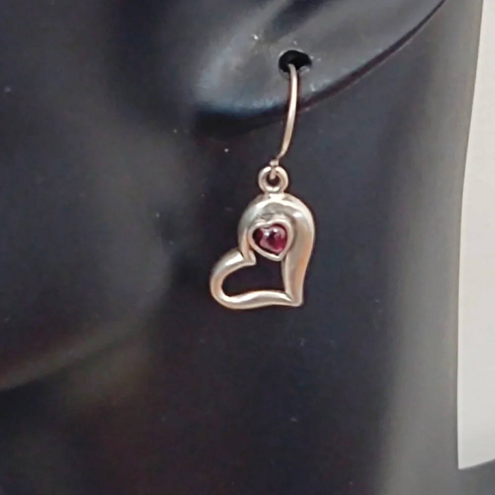 Vintage Sterling Silver Heart Earrings with Garnets